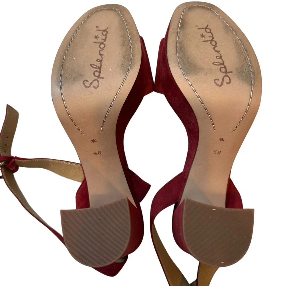 Splendid Neesha Suede Ankle Strap Block Heel Sandals Red Embossed Size‎ 8.5
